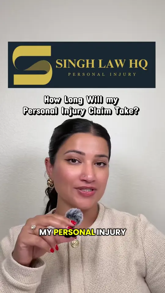 Saloni Singh speaking to camera beneath the Singh Law HQ banner, with the on-screen question “How Long Will my Personal Injury Claim Take?”