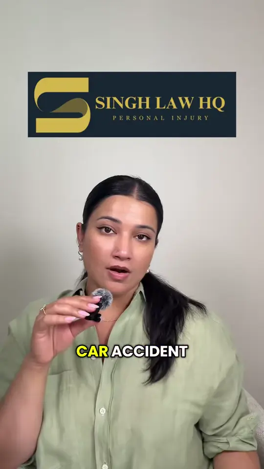 Saloni Singh speaking to camera beneath the Singh Law HQ banner, with the caption “car accident” on screen.