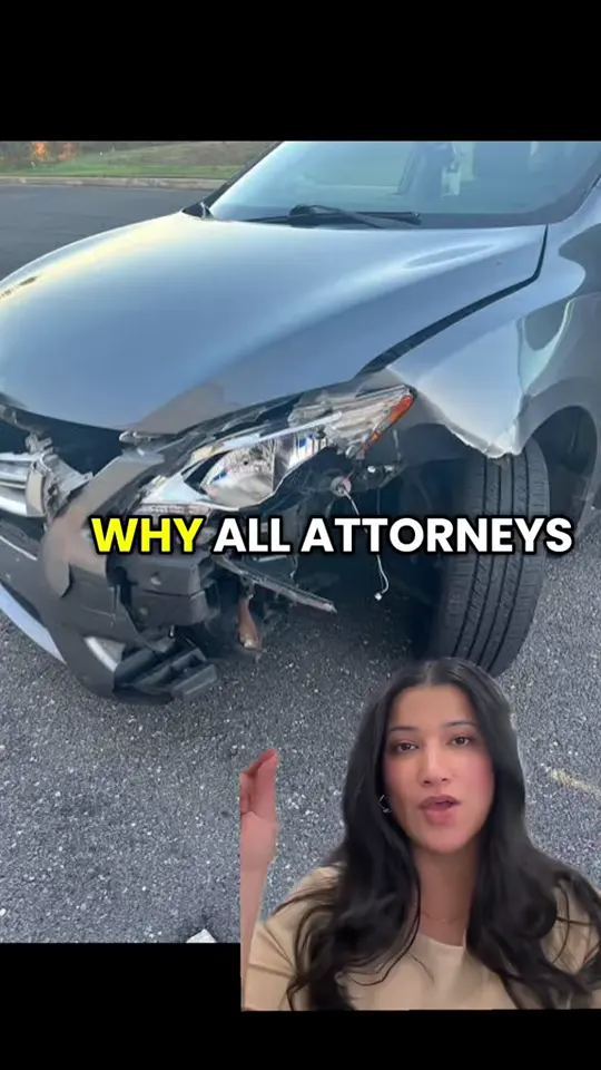 A silver car with a badly damaged front end and detached bumper in a parking lot, with Saloni Singh speaking to camera in an inset.